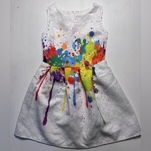 Girls Artist Art Party Dress – Rainbow Paint Drip, Sleeveless, Size 8